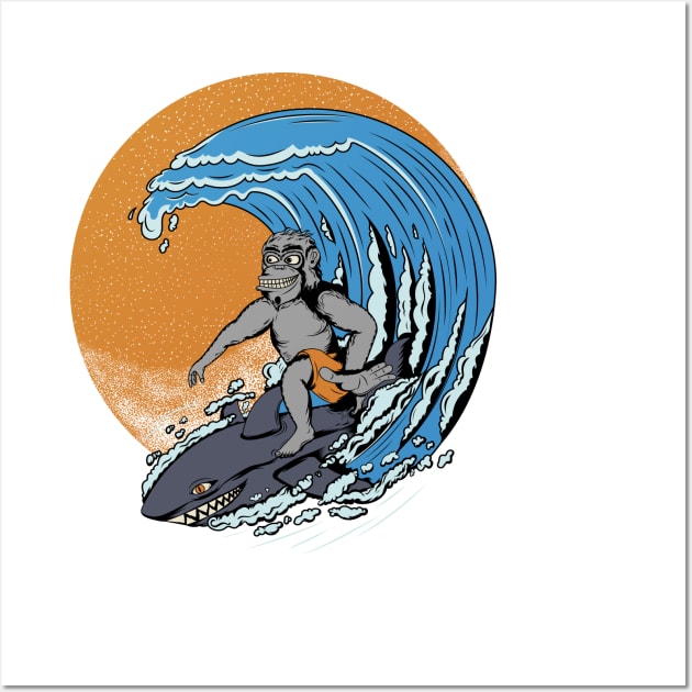 Gorilla & Shark Surfing Wall Art by dotphix